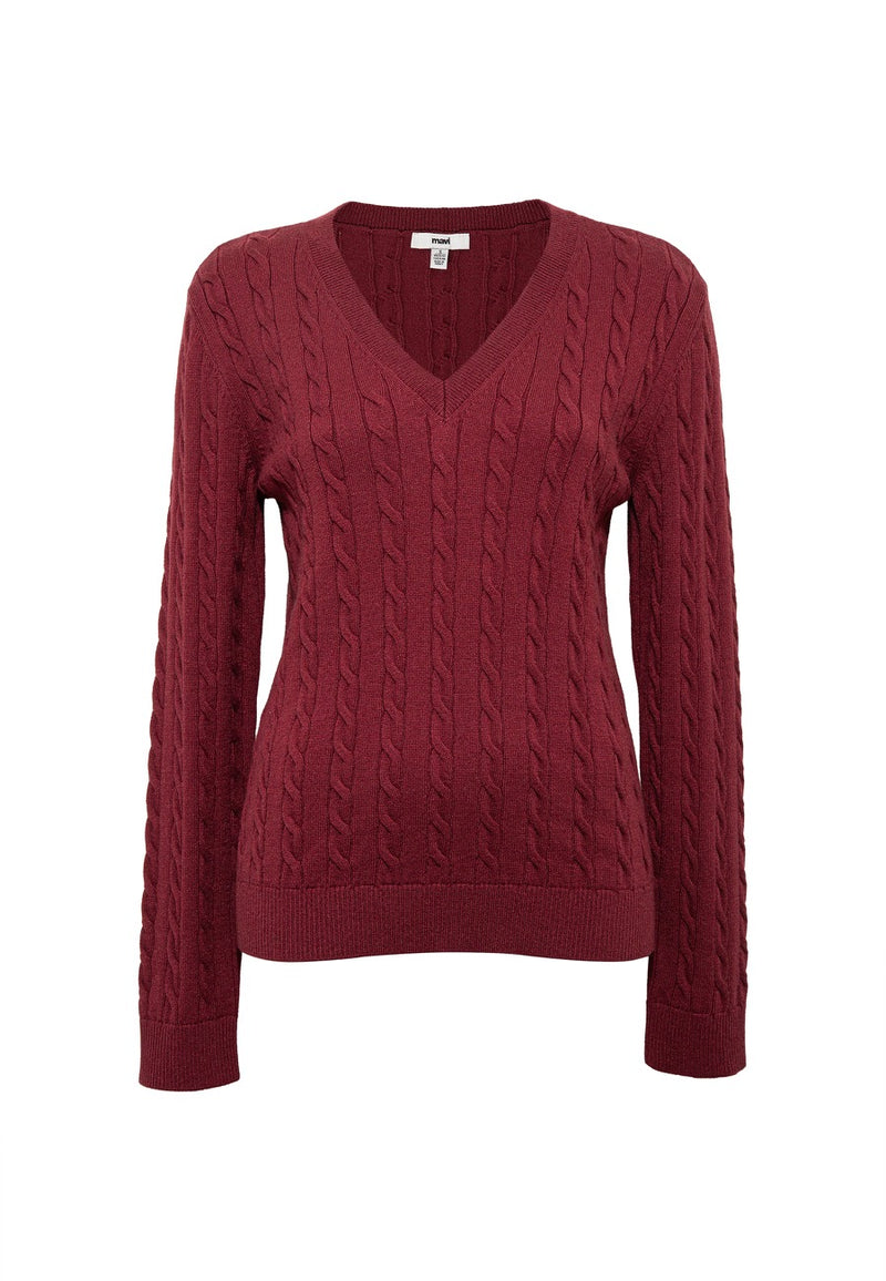 MAVI V Neck Zopf Pullover Dunkelrot