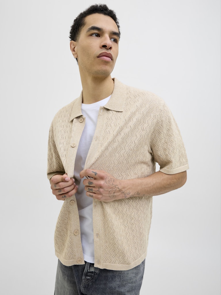 JACK & JONES Kurzarm Strick Polo Hemd Safari Melange