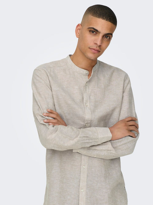 ONLY & SONS Leinen Stehkragen Hemd Chinchilla