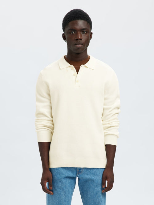 SELECTED HOMME Strick Polo Pullover Egret