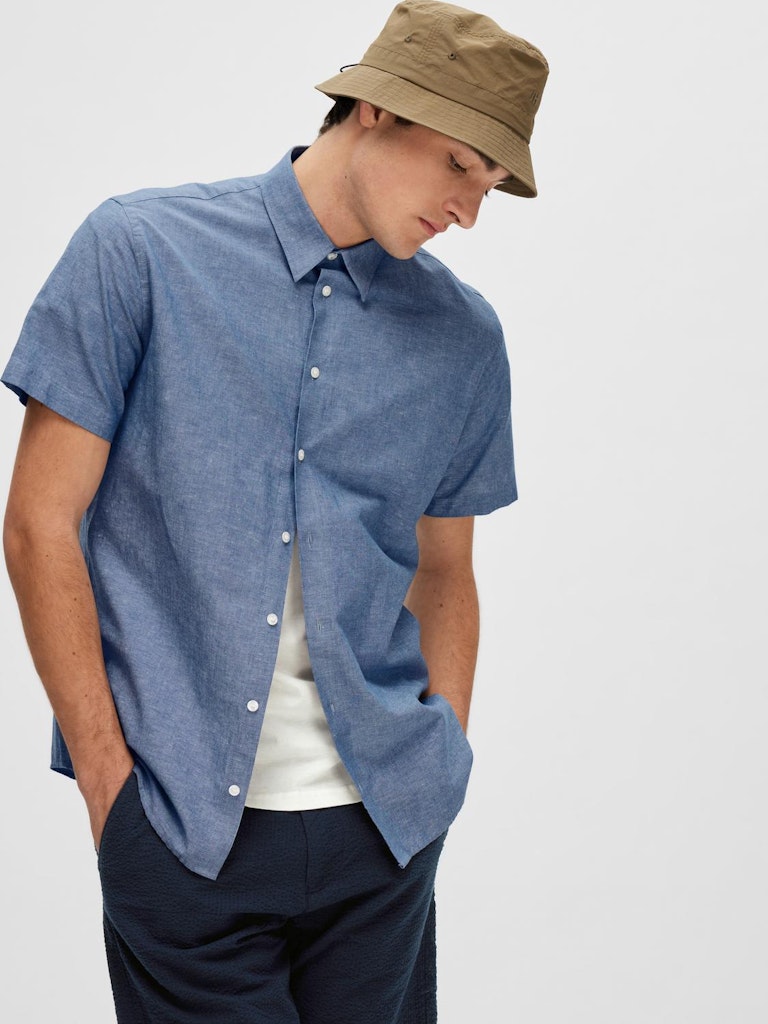 SELECTED HOMME Leinen Kurzarm Hemd Medium Blue Denim