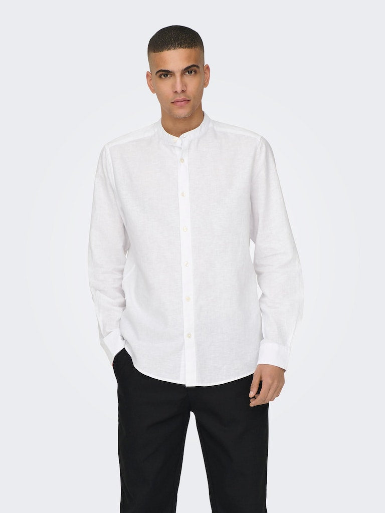 ONLY & SONS Leinen Stehkragen Hemd White