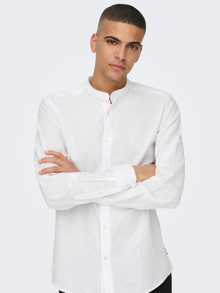ONLY & SONS Leinen Stehkragen Hemd White